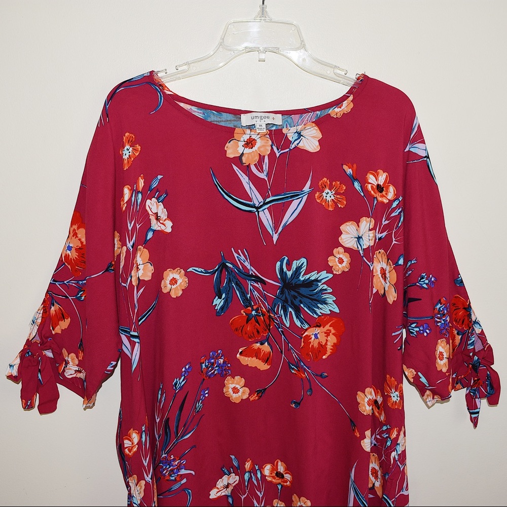 Umgee Pink and Red 3/4 Sleeve Tie Front Blouse - Picture 3 of 8